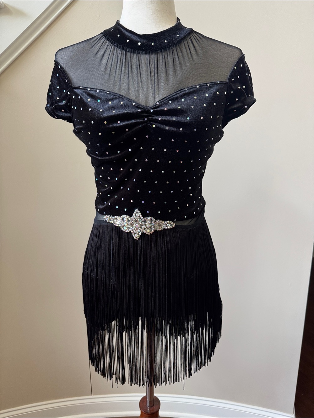 Weissman Black Velvet Rhinestone Fringe Mini Dress